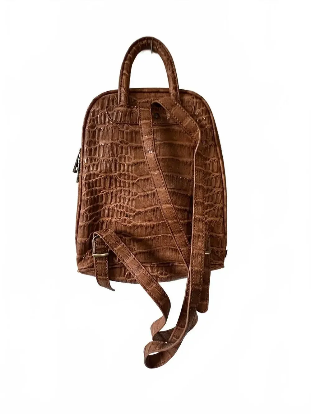 Brown Faux Crocodile Leather Backpack with Patterned Interior